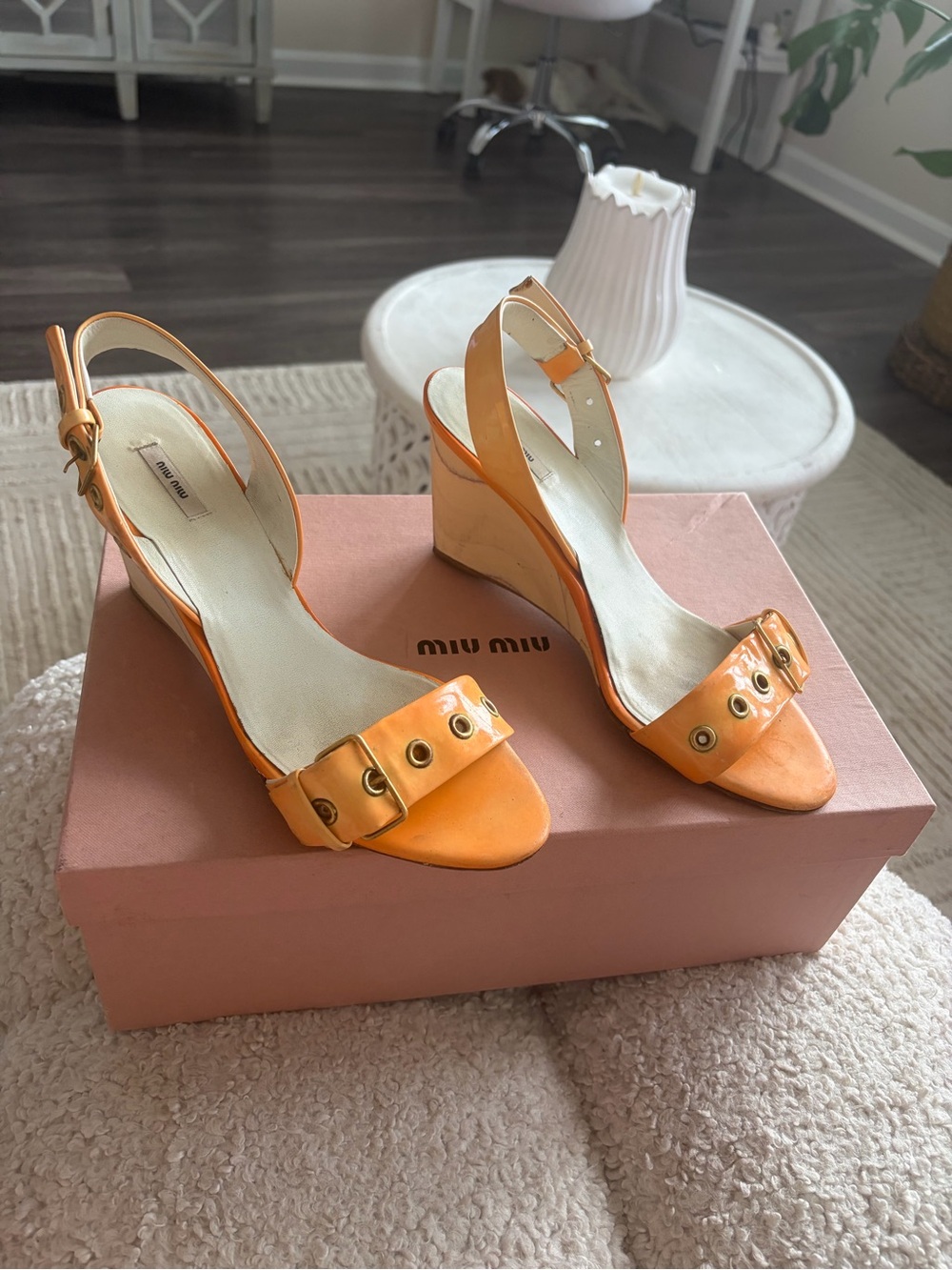 Miu Miu Orange Patent Leather Wedge Sandals with Gold Grommets